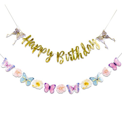 SUNBEAUTY Butterfly Happy Birthday Banner Butterfly Birthday Party Decoration Garden Party Decorations Fairy Party Decoration Spring Banner Flowers Banner | Pre-Strung