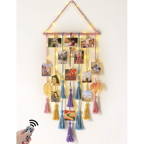 Homecor Room Decor for Teen Girls, Hanging Photo Display Macrame Picture Collage Wall Decor, Boho Decor for Bedroom Apartment Dorm Room with Remote Light, Christmas Birthday Gifts for Teenage Girls