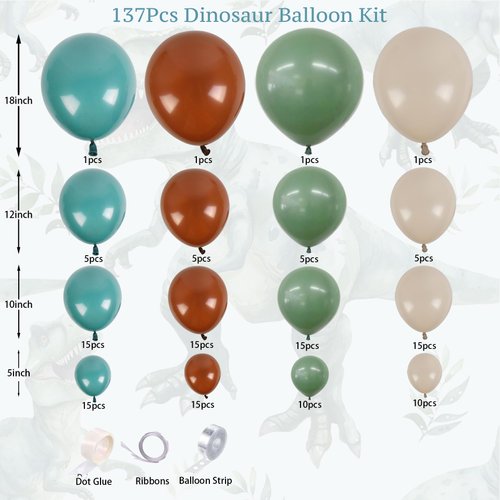 ECEAE 137Pcs Dinosaur Balloon Arch Garland Kit, Jurassic Themed Birthday Decorations with Green Blue Brown White Balloons, for Jungle Theme Party, Dino Balloon for Kids