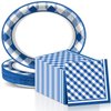 QOUBAI Gingham Oval Paper Plates 11inch Blue and White Checkered Plates and Napkins, Blue and White Plaid Birthday Tableware Outdoor for BBQ Gathering Picnic Blue Boys Theme Party Supplies, 25 Guest