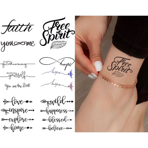 Dopetattoo 6 sheets Temporary Tattoos Word Quote Letter Scripture Love Hope Faith Wild Happiness Fake Sticker Tattoo for Men Adults