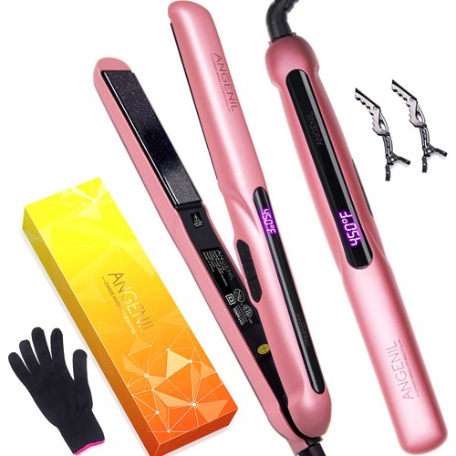 ANGENIL Argan Oil Flat Iron for Women, Hair Straightener and Curler 2 in 1, Professional Portable Ceramic Pink Hair Straightener, LCD Display, Fast Heating, Flat Iron 1 Inch for All Hair Types
