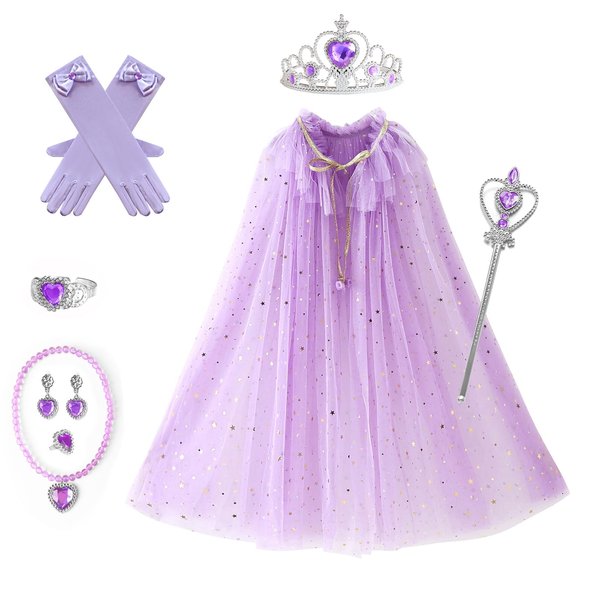 IBTOM CASTLE 8Pcs Princess Cape Costumes Dress Up for Girls Princess Crown Wand Jewellery Sparkling Sequins Tulle Clock Fancy Cosplay Accessories Halloween Carnival Costume Purple 7-10 Years