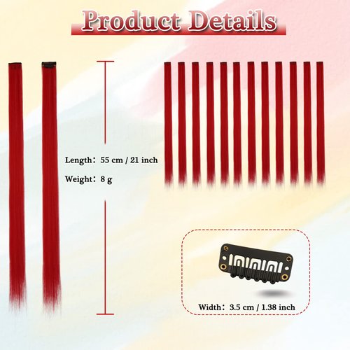 BARSDAR Red Clip in Hair Extensions - Colored Red Hair Extensions for Women - 22'' 12 PCs Colored Hair Extensions Straight Synthetic Clip in Hairpieces Party Halloween Christmas Hair - Red