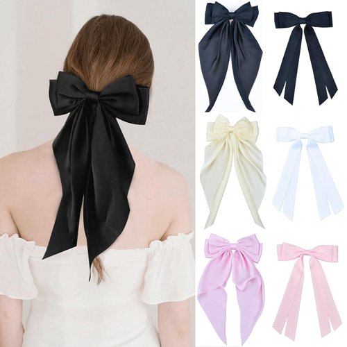 Hair Bows for Women: 6 Pcs Hair bow, 3 Pcs Big Hair Bows Long-tail & 3 Pcs Hair Ribbon Bow Hair Clips Coquette Bows for Girls Cute Silky Satin Hair