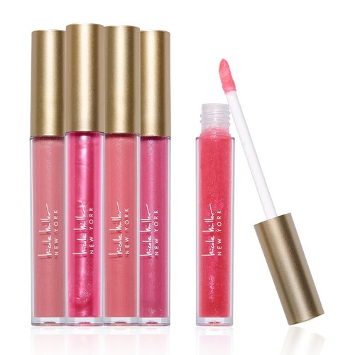 Nicole Miller Embossing 5-Piece Lip Gloss Set - Cruelty-Free Beauty in Clear Bottles, Pink Glitz