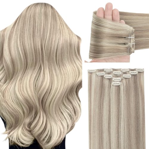 Clip in Hair Extensions Real Human Hair for Women Light Blonde Highlighted Golden Blonde Natural ...