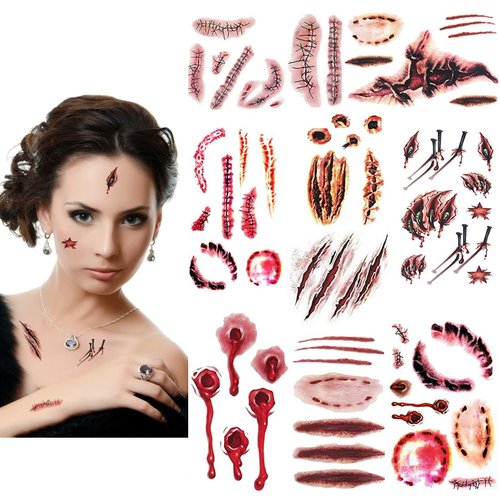 9 Sheets Face Body Horror Realistic Fake Bloody Wound Stitch Scar Scab Waterproof Temporary Tattoos Sticker Halloween Fool's Day Zombie Masquerade Prank Makeup Props for Kids Adult Fun