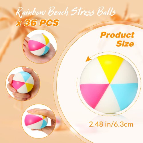 36 Pcs Beach Stress Ball 2.5 Inch Summer Mini Stress Relief Balls Rainbow Squeeze Toys Pu Foam Squeezy Balls for Girls Boys Adults Beach Birthday Party Favors Water Pool Games (Bright Color)
