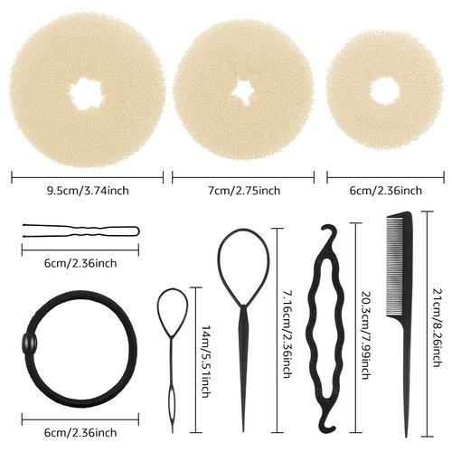Hair Bun Maker Set 6 PCS - Ring Style Hair Bun Donut (1 L, 2 M and 3 S) with 20 Hair Bobby, Pins 5 Elastic Bands and 4 Pony Hair Tools for Long Hair (Blonde)