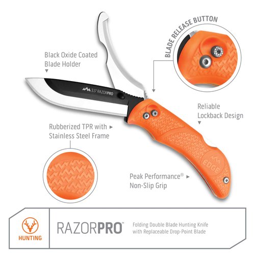 OUTDOOR EDGE RazorPro Double Blade Folding Hunting Knife - Field Butcher Knife with Replaceable RazorSafe & Gutting Blades, Orange Non-Slip Handle, Camo Holster, & 6 Blades. Must-Have Hunting Gear