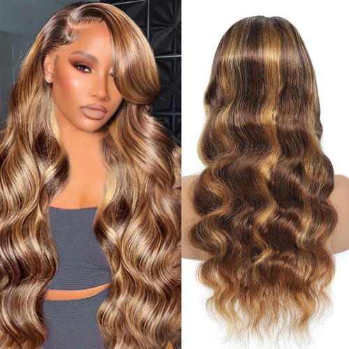 WRLYYEO Ombre Lace Front Wig Human Hair 4/27 13x4 HD Body Wave Highlight Lace Front Wig Human Hair Pre Plucked With Baby Hair 24Inch Glueless Lace Front Wigs Human Hair 180% Density