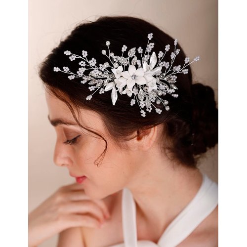 Chargances Silver Flower Pearl Hair Comb for Wedding Brides Bridesmaid Crystal Beaded Hair Comb Accessories Rhinestone Head Pieces for Women Girls Porm (Silver)