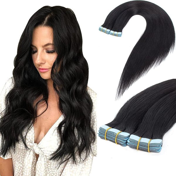 Amella Hair Tape in Hair Extensions Natural Black Real Virgin Hair Extensions Seamless Straight Tape in Hair Extensions 20pcs 50g natural color 18 inch