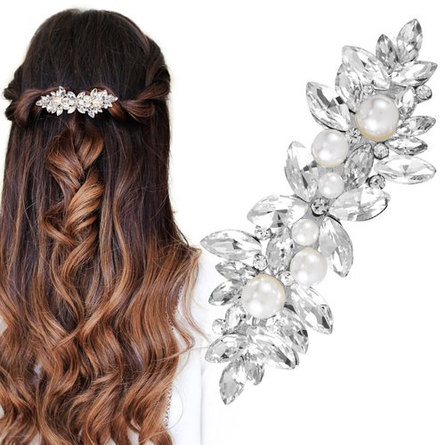 HINZIC Rhinestone Hair Clip Sparkly Crystal Pearl Barrettes French Wedding Prom Engagement Pageant First Communion Hair Decorative Accessories for Women Girls Bride Thick Long Hair