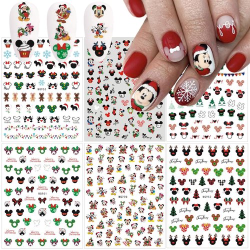 Christmas Cute Nail Art Stickers Cartoon Nail Decals 3D Self Adhesive Nail Stickers Kawaii Cartoon Design Christmas Nail Decals Cute Nail Charms for Women Manicure Acrylic DIY Nail Decoration 6 Sheets