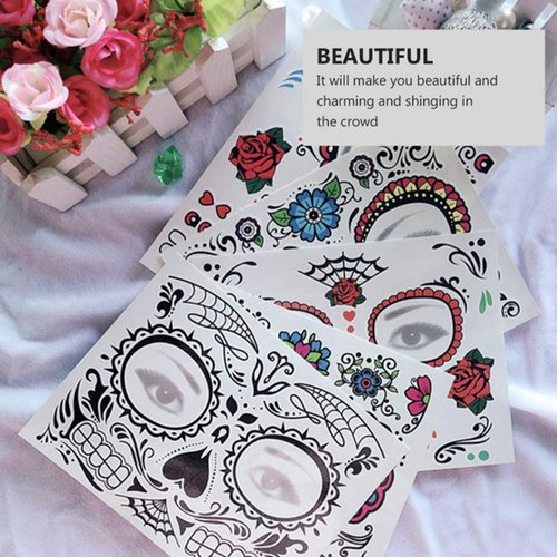 Day of the Dead Face Tattoo Halloween Makeup Tattoos Decor Stickers Sugar Skull Temporary Tattoo for Halloween Masquerade Party with Floral, Glitter Roses, Web and Floral Skeleton Design 5 PACK