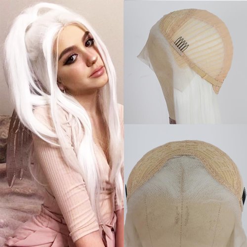 Ambeson Long Straight White Synthetic Lace Front Wigs with Baby Hair Free Part pre plucked Natura...