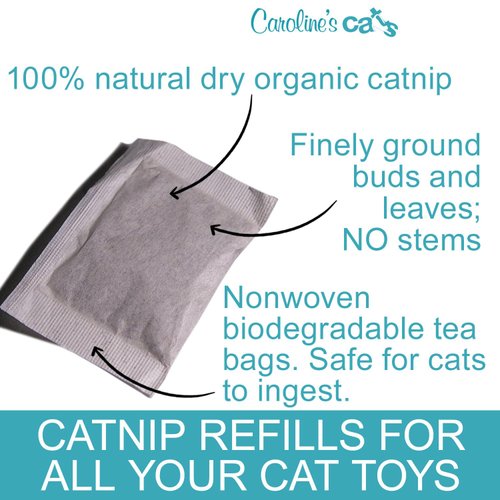 Caroline's Cats Organic Catnip Pouches for Cat Toys – Catnip Packets Refill for Flapping Bird and Catnip Toys; Catnip Tea Bags 10 Packets