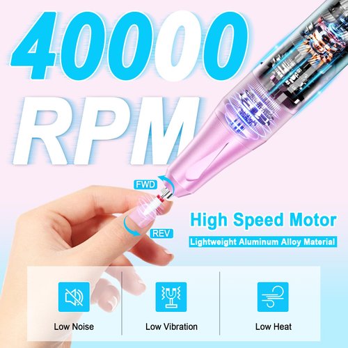 Nail Drill Professional 40000RPM for Acrylic Nails, Nail Drill Portable Electric Nail Drill for Nail Manicure, Nail Drill Rechargeable High Capacity for Salon and Home Use (Pink-Blue)