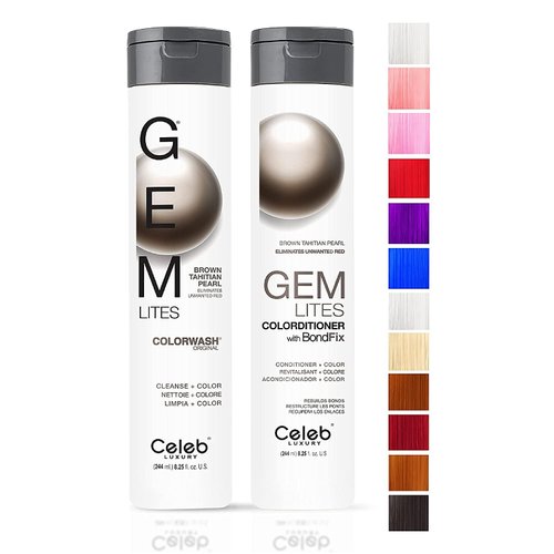 Celeb Luxury Gem Lites Duo Color Depositing Colorwash Shampoo & Conditioner Set + Bondfix Bond Rebuilder, Semi Permanent Hair Color, Vegan Hair Dye, Brown Tahitian Pearl