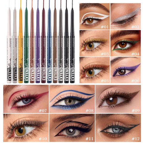 LANGMANNI 12Pcs Metal Colorful Eyeliner Pencil Set - Matte & Shimmer Eye Makeup,Smooth Use Long-Lasting & Waterproof Eyeliner Set
