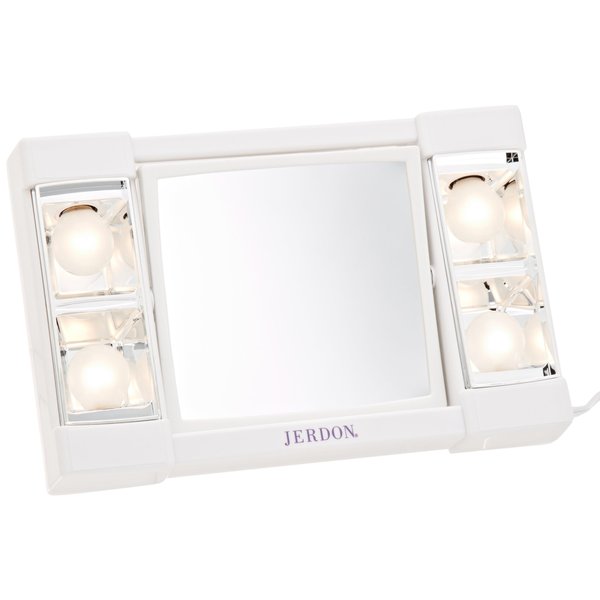 JERDON Two-Sided Makeup Mirror with Lights - Vanity Mirror with 3X Magnification & Glare-Free Lighting - White Base - Model J1010