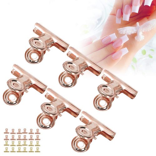 12 pieces C Curve Nail Extension Clips Nail Pinching Clips, Chip Clips Bag Clips Food Clips, Plastic Bulldog Clips Multi-function Nail Art Accessories for Shops, Office and Home Kitchen(Rose Gold)