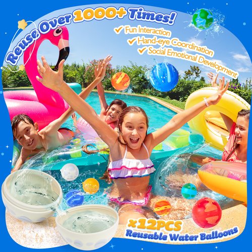 hahaland Reusable Water Balloons for Kids-12 PCS Refillable Water Ball Quick Fill Splash Balls for Summer Beach Toys Outdoor Pool Toy for Boys Girls Age 3 4 5 6 7 8+ for Party Yard Water Fight Game