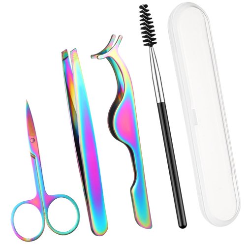 Lasnten DIY Eyelash Applicator Tool Set, Lash Tweezers for Eyelash Extensions, Stainless Steel False Eyelash Scissors, Lash Cluster Tweezer, Eyebrow Curler, Lash Brush with Box(Colorful)