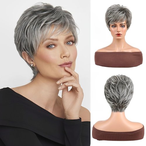 RSY Pixie Cut Wig, Short Wigs for Women, Human Hair Blend Healthy Fiber Wigs for Women, Daily Wear, Pixie Style, Natural Color, Suitable for Hair Loss and Fashion Change(Silver Grey)