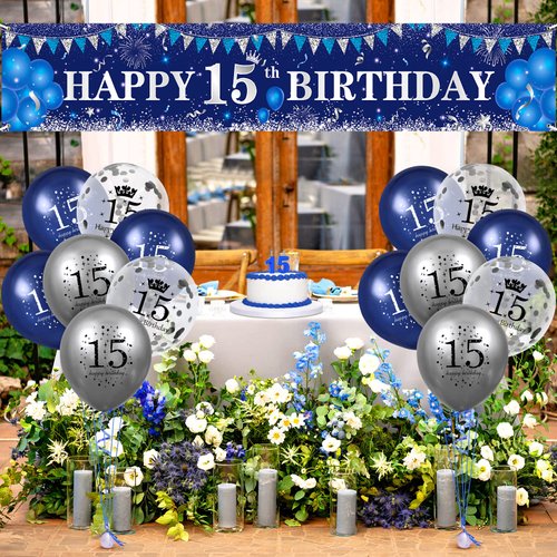 Blue 15th Birthday Decorations for Boys Girls, Navy Blue Silver Happy 15th Birthday Yard Banner and 15th Birthday Balloons for 15th Birthday Anniversary Party Supplies