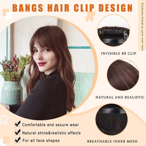 WZNBBOY Clip in Bangs 100% Human Hair Extensions Air Thinning Curtain Flat Fake Bangs Fringe with Temples Hairpieces Natural Curved Wispy Air Bangs Clip on Bangs for Everyday Wear (Dark Brown)