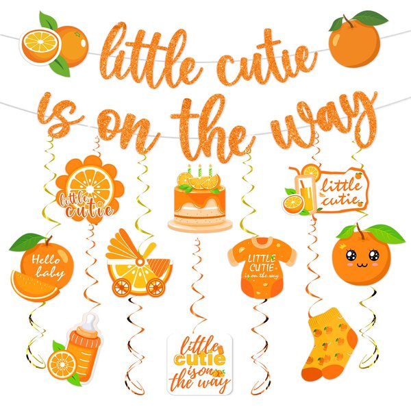 Refavor Little Cutie Baby Shower Decorations - 16pcs Orange Party Decorations 2pcs Glitter Baby Shower Banners 14pcs Orange Hanging Swirls Little Cute is on the Way Birthday Party Decor Supplies