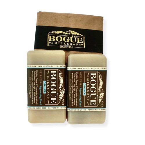 Handmade Goat Milk Soap- Two bars BOGUE No.31 WELLNESS Rejuvenating Blend Uplifting Lemon & Peppermint, therapeutic Palo Santo & Clary Sage