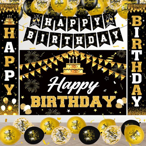 21Pcs Black Gold Birthday Party Decorations for Men Women Black Gold Happy Birthday Banner Backdrop Birthday Porch Sign Door Banner Balloons Decorations for Boys Girls Indoor Outdoor Birthday Supplies