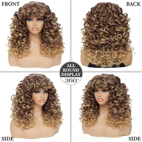 GKtineke-Curly-Wig Big-Curly-Wigs-for-White-Black-Women 20 Inch- Long-Curly-Afro-Wig-with-Bangs Synthetic-Hair-Replacement-Wigs-for-Cosplay and Daily(Ombre Blonde