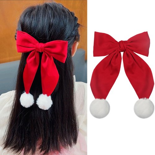 HIFANMM Christmas Bow Hair Clip Red Big Bow Hair Clips for Girls, Long Tail Pom-Pom Hairpins Hair Cute Red Silk Alligator Hair Barrettes Winter Xmas New Year Party Decor Accessories