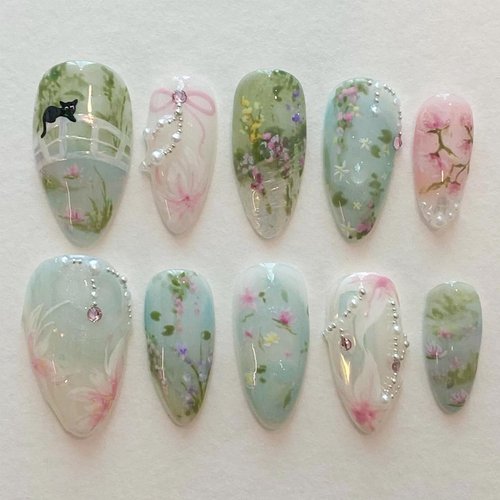 LBPEPAMZ 24Pcs Blue Green Press on Nails Almond Medium Fake Nails Bow Glue Stick on Nails Flower Cute Cat Rhinestone Design Nail Decorations Stiletto Handmade Acrylic Resin Material Nails for Women