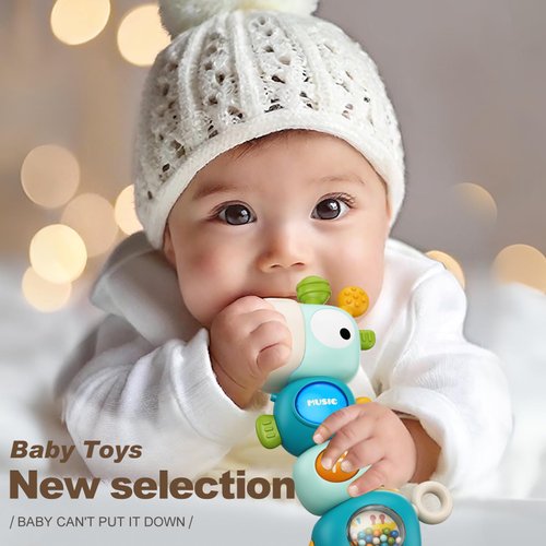 Baby Montessori Sensory Teething Toys for 3-6 6-12 Months, Food Grade Baby Teether, Newborn Infant Rattle Toys, Learning Educational Musical Toys for Boys Girls (Blue)