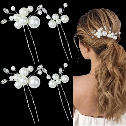 SHEHARUHI Hair Clip 4Pcs Pearl Bridal Hair Pins, Silver, for Women and Girls, Wedding Hair Accessories