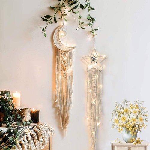 Tarklanda Moon Star Dream Catcher Decor,2pcs Boho Home Moon Star Dreamcatcher,Macrame Wall Hanging Boho Home Decor for Kids Baby Bedroom Decoration for Women Girls Craft Friends Teacher