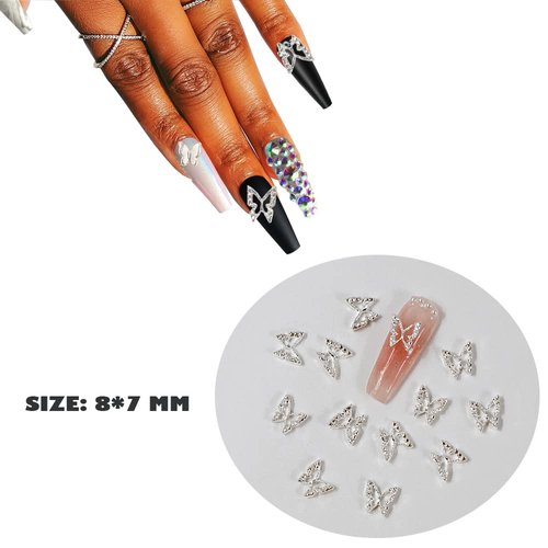 KACHIMOO Silver Butterfly Nail Charms,50 Pieces Nail Charms for Acrylic Nails DIY Craft Nail Art Accessories (Silver)