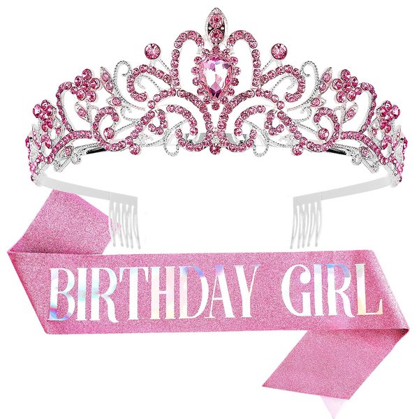 Birthday Tiara for Women, Tiara for Women Pink Rhinestone, Happy Birthday Girls Tiara for Women, Birthday Girl Crown, Birthday Princess tiara, Tiaras Birthday Queen Crowns with Birthday Girl Sash