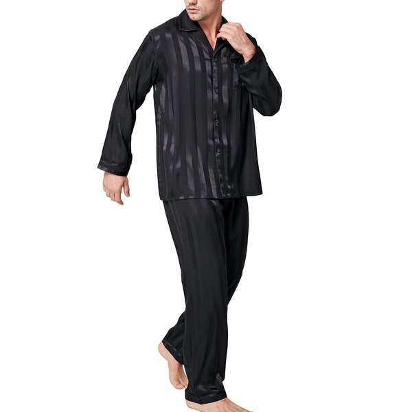 Mens Silk Satin Pajamas Set Sleepwear Loungewear Black XL