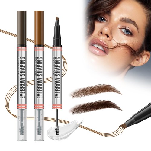 Microblading Eyebrow Pen, 2Pcs Eyebrow Pencil Magical 2-in-1 Dual-Ended Waterproof Eye Brow Pencils for Women with 4-Fork-Tip & Precise Brow Brush, Last All-Day (Dark Brown+Light Brown)