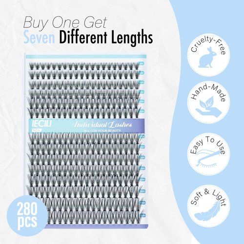 IECILI Lash Clusters Individual Lashes - 280pcs 20D Cluster lashes for DIY Lash Extensions -Super Thin & Soft Eyelashes 8-14mm D Curl Cluster Eyelash Extensions for Natural Wispy Look