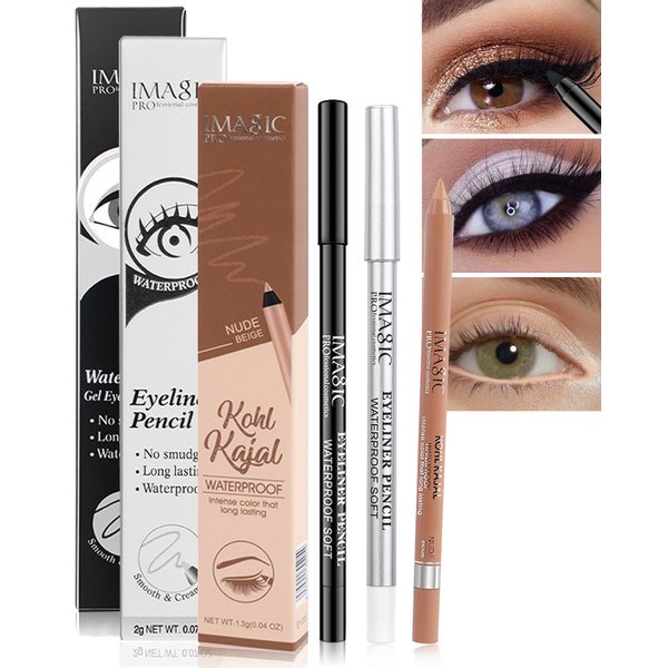 Nude Beige Black White Water Line Gel Eyeliner Pencil-3Pcs Waterproof Longlasting Cream Eye Liner Waterline Brightener Pen, Smooth Easy-to-Sharpen Pencil,Christmas Eye Makeup Gift Set for Girl Women