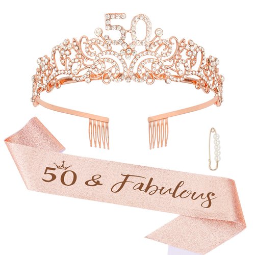 Semato 50th Birthday Decorations - 50th Birthday Sash and 50th Birthday Tiara Kit for Women 50th Birthday Gifts for Her Happy 50th Birthday Party Supplies and Favors