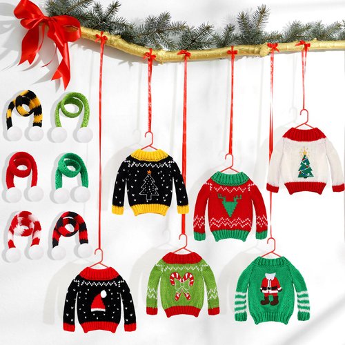 12 Pcs Christmas Elf Doll Clothes Elf Accessories Set, Christmas Elf Sweater Christmas Elf Scarf Elk Snowflake Xmas Tree Print Elf Small Sweater Knitted Clothing Elf Outfit for Doll Decor (Santa)
